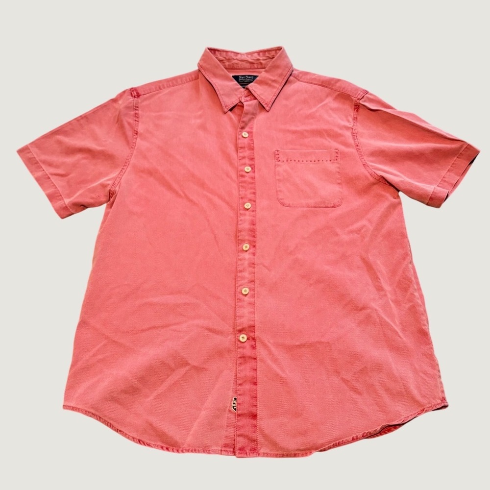 Nat Nast Luxury Originals Mens Large Silk Cotton Short Sleeve Button Down Coral